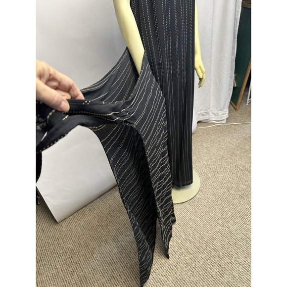 Jaeger Maxi Dress Dark Navy Striped Linen Blend Sz 12 With Unique Tied Overlay - Picture 10 of 15